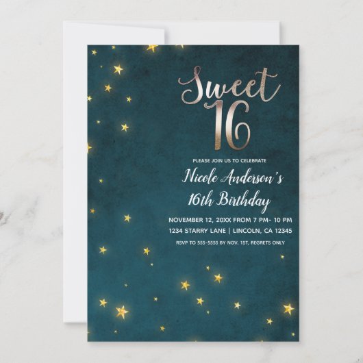 Gouden Twinkle Stars Celestial Sky Sweet 16 Party Kaart (Voorkant)