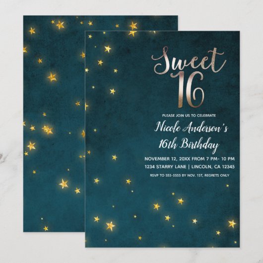 Gouden Twinkle Stars Celestial Sky Sweet 16 Party Kaart (Voorkant / Achterkant)