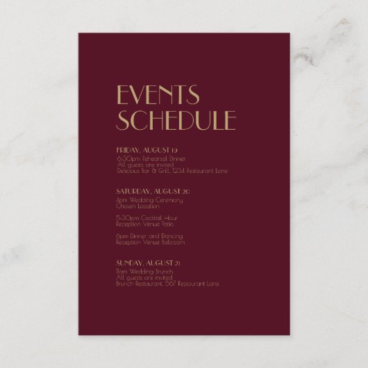 Gouden Type Deco | Bourgondisch trouwschema Informatiekaartje (Voorkant)