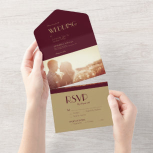 Gouden Type Deco   Bourgondische foto bruiloft All In One Uitnodiging