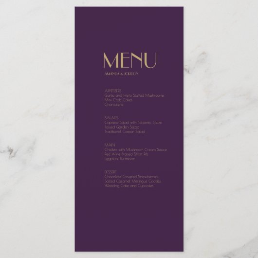 Gouden Type Deco | Donker Paarse Diner Drink Menu (Voorkant)