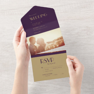 Gouden Type Deco | Donker Paarse foto bruiloft All In One Uitnodiging