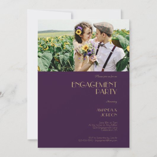 Gouden Type Deco Donker Paarse Verlovingsfeestfoto Kaart (Voorkant)