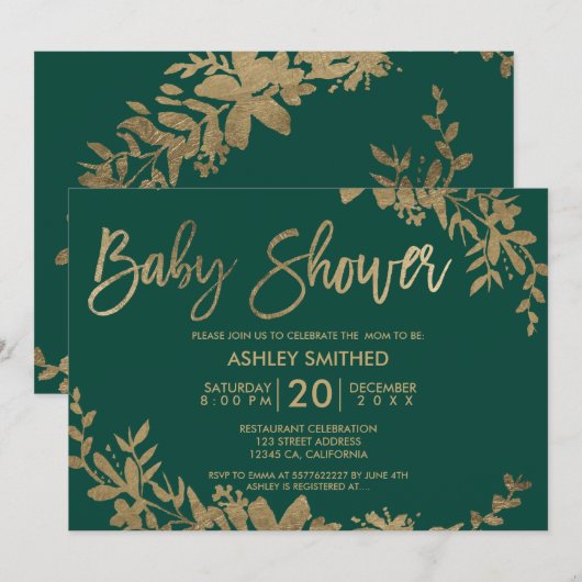 Gouden typografie blad bloemengroen baby shower kaart (Voorkant / Achterkant)