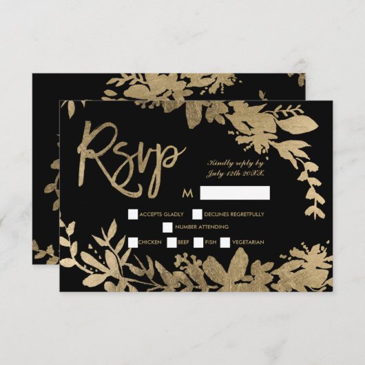 Gouden typografie blad bloemenzwart rsvp bruiloft  (Voorkant / Achterkant)
