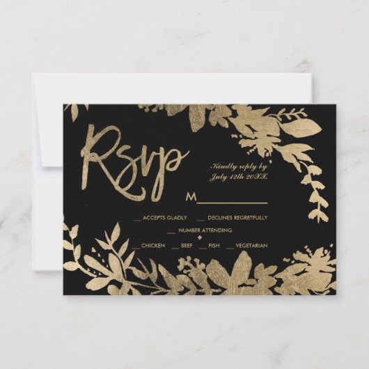 Gouden typografie blad bloemenzwart rsvp bruiloft (Voorkant)