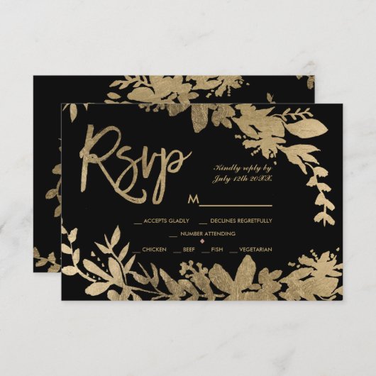 Gouden typografie blad bloemenzwart rsvp bruiloft (Voorkant / Achterkant)