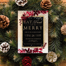 gouden typografie blad sneeuw rood eten Kerstmis Kaart
