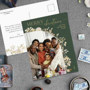Gouden Typografie Bloemen Groene Foto Kerstmis Feestdagenkaart