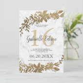 Gouden typografie Bloemen wit marmer Sweet 16 Kaart (Staand voorkant)