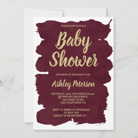 Gouden typografie bordeaux waterverf Baby shower Kaart (Voorkant)
