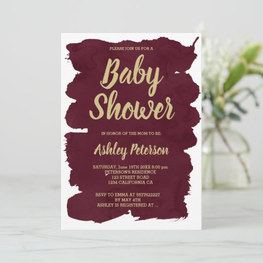 Gouden typografie bordeaux waterverf Baby shower Kaart (Staand voorkant)