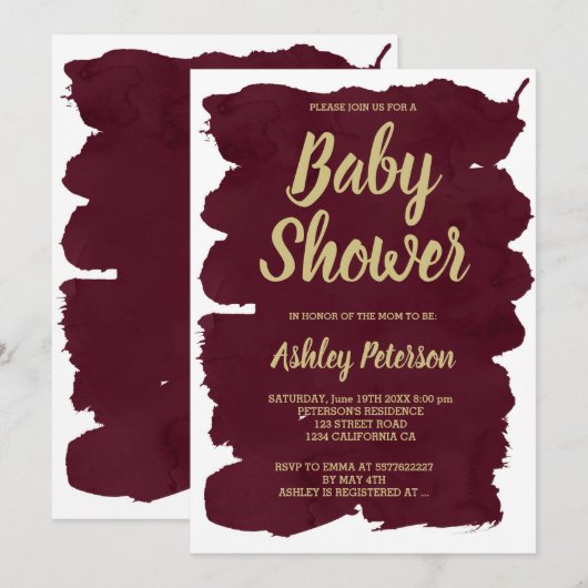 Gouden typografie bordeaux waterverf Baby shower Kaart (Voorkant / Achterkant)