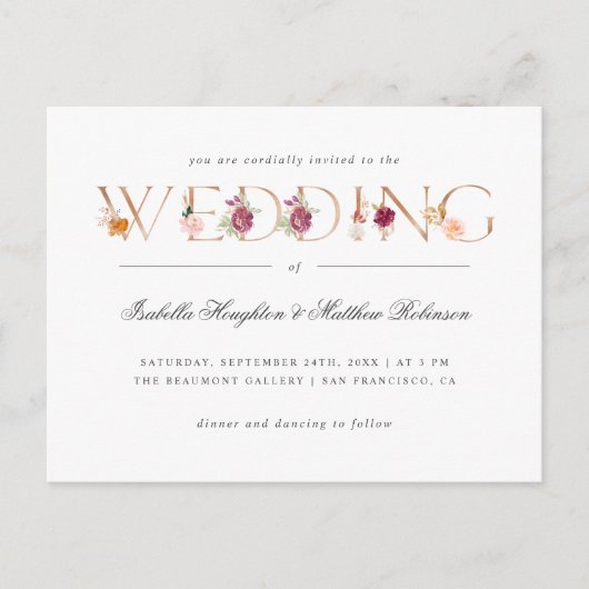 Gouden Typografie Bourgondië Bloemen Huwelijk Uitnodiging Briefkaart (Voorkant)