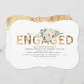 Gouden Typografie en White Flowers Engagement Part Kaart (Voorkant / Achterkant)