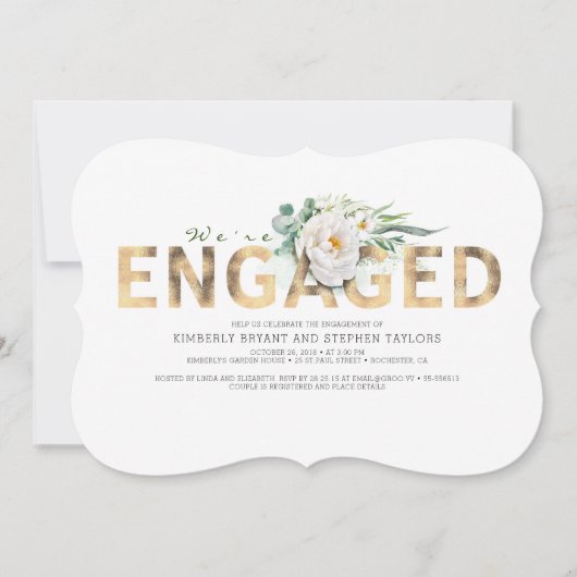 Gouden Typografie en White Flowers Engagement Part Kaart (Voorkant)