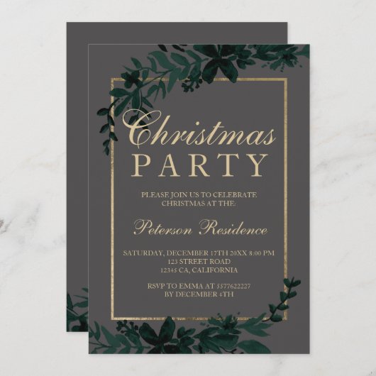 Gouden typografie Floral grijs blad Kerstmis Kaart (Voorkant / Achterkant)