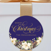 Gouden Typografie Kerst Poinsettia blauw Ronde Sticker
