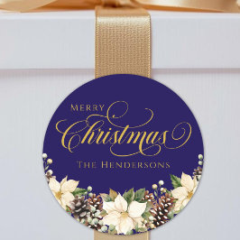 Gouden Typografie Kerst Poinsettia blauw Ronde Sticker