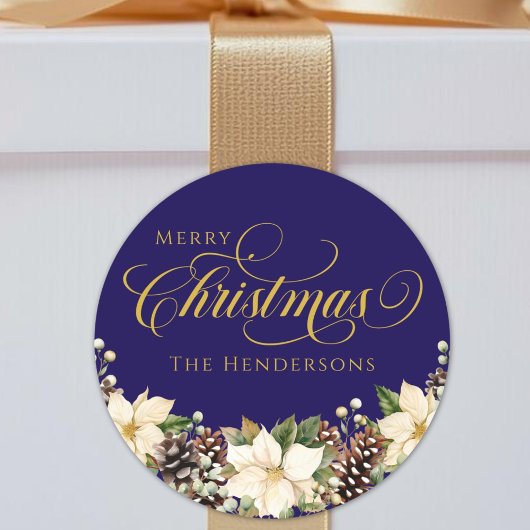 Gouden Typografie Kerst Poinsettia blauw Ronde Sticker