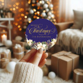 Gouden Typografie Kerst Poinsettia blauw Ronde Sticker