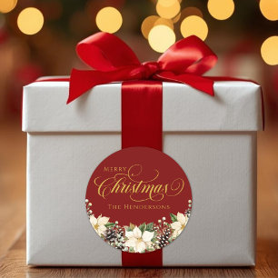 Gouden Typografie Kerst Poinsettia rood Ronde Sticker