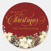 Gouden Typografie Kerst Poinsettia rood Ronde Sticker (Voorkant)