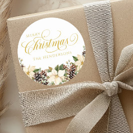 Gouden Typografie Kerst Poinsettia wit Ronde Sticker