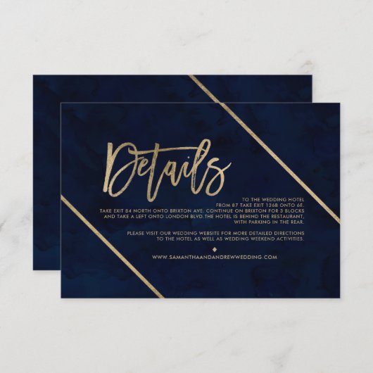 Gouden typografie navy blauwe bruiloft richting informatiekaartje (Voorkant / Achterkant)