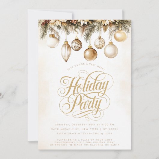 Gouden Typografie Ornamenten Baubles Kerstfeest Kaart (Voorkant)