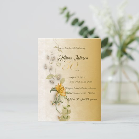 Gouden uitnodigingskaart voor 50e verjaardag uitnodiging briefkaart (Staand voorkant)