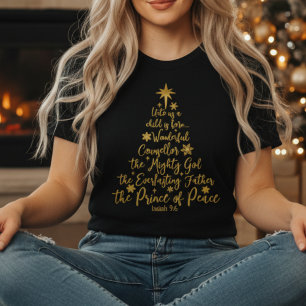 Gouden “Unto Us A Child Is Born” Kerstboom T-shirt
