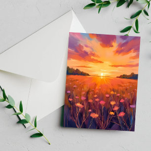 Gouden Uur Bloemenveld Aquarel Zonsondergang Kaart