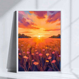 Gouden Uur Bloemenveld Aquarel Zonsondergang Poster