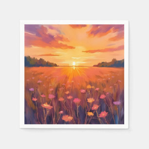 Gouden Uur Bloemenveld Aquarel Zonsondergang Servet