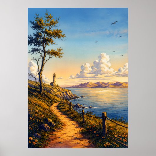 Gouden Uur Kust Vuurtoren Landschap Poster (Voorkant)