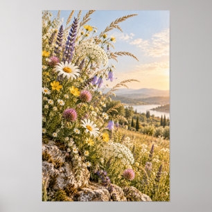 Gouden Uur Meren Landschap Wilde Bloemen Weide Muu Poster