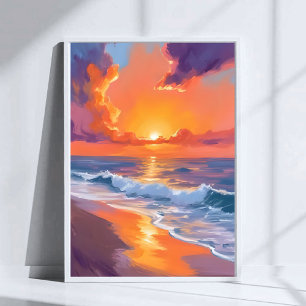 Gouden Uur Oranje Zonsondergang Strand Oceaan Schi Poster