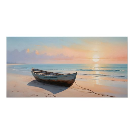 Gouden Uur Rustig Strand met Boot Kustlijn Perfect Poster (Voorkant)