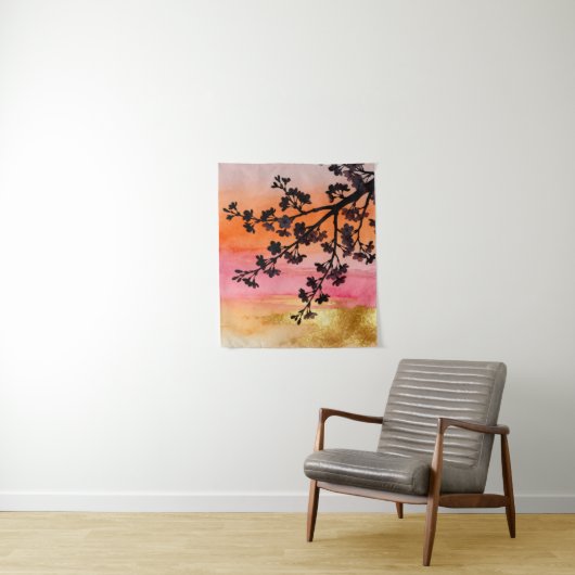 Gouden Uur Sakura Tak Silhouet Wandkleed (In situ)