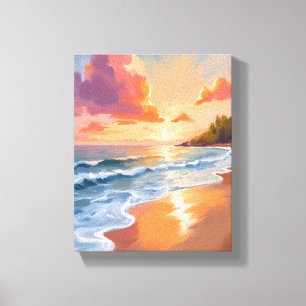 Gouden Uur Strand Zonsondergang Aquarel Schilderen Canvas Afdruk