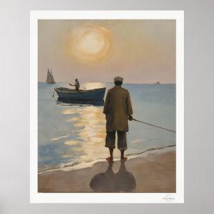 Gouden uur Visser op zee olieverfschilderij Poster