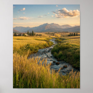 Gouden Uur Weiland: Serene Stroom en Verre Berg Poster