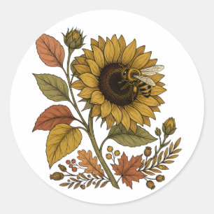 Gouden Uur Zonnebloem en Honingbij Botanische Hood Ronde Sticker