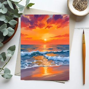 Gouden Uur Zonsondergang Oceaan Strand Schilderij Briefkaart