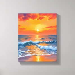 Gouden Uur Zonsondergang Oceaan Strand Schilderij Canvas Afdruk