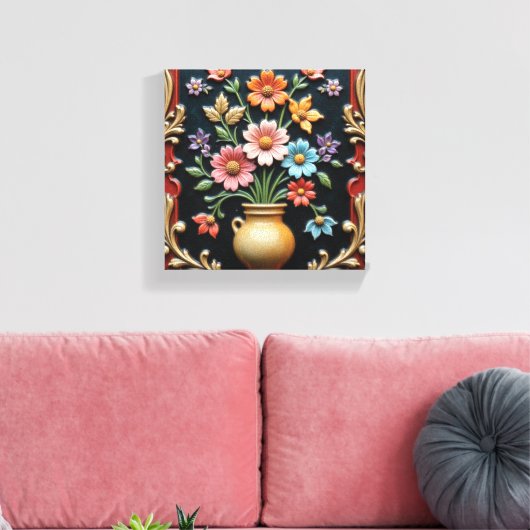 Gouden Vaas met een Levendig Boeket Canvas Afdruk (Insitu (Woonkamer))