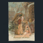 gouden vader kerst en engel theedoek<br><div class="desc">Oude wereld Vader Kerstmis in zwaar geornamenteerde gouden gewaden met geschenken en boom met gevleugelde engel. Optioneel bewerkbaar tekstveld.</div>