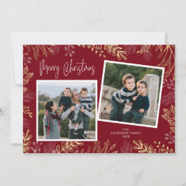 Gouden Vakantie Botanicals op Rood 2 Foto Kerstmis Feestdagenkaart