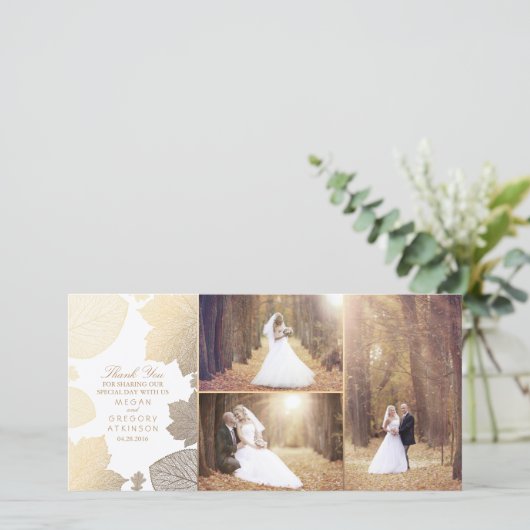 Gouden val laat witte trouwfoto achter Dank u Bedankkaart (Staand voorkant)